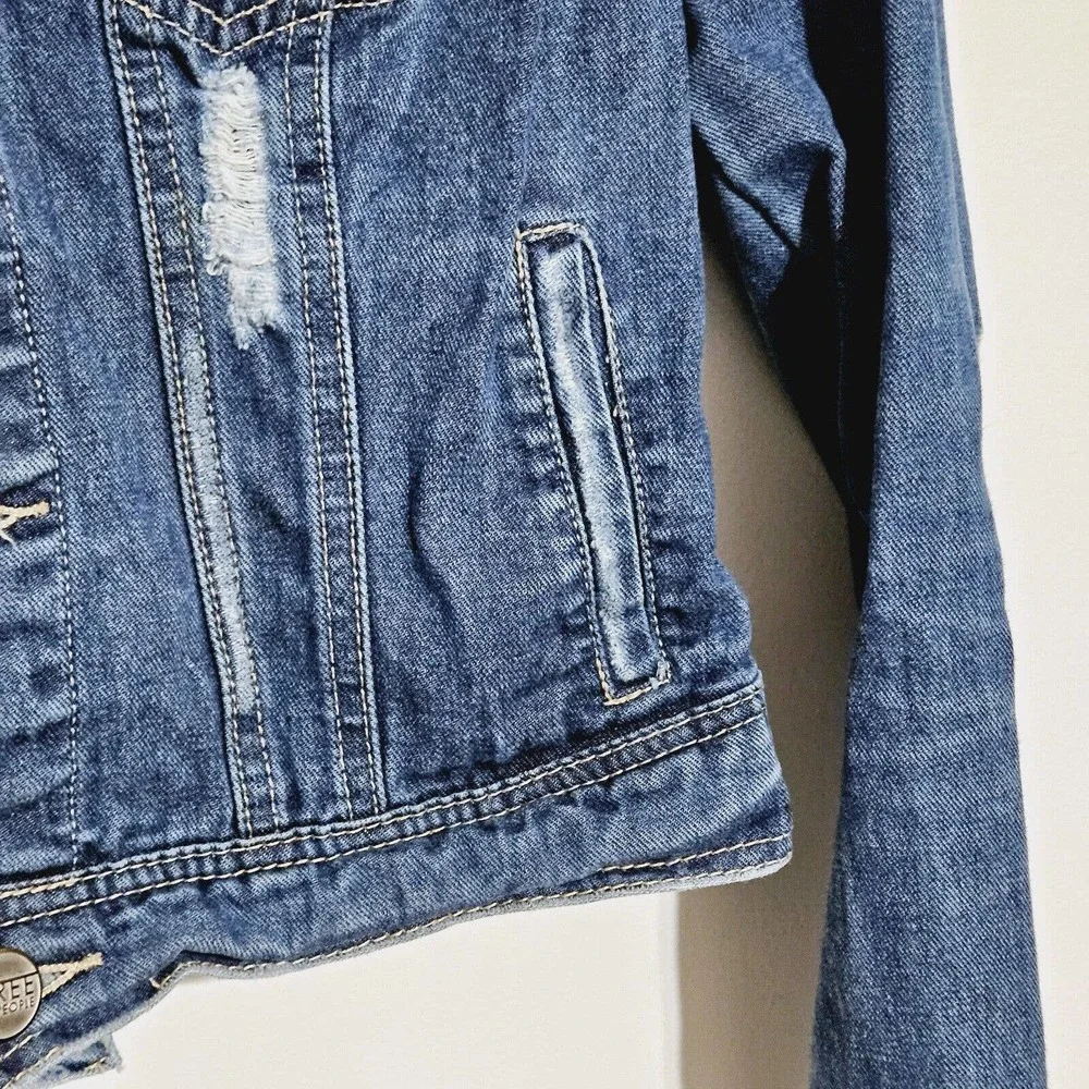 Free People Jean Jacket Womens Sz 0 Motorcycle‎ Trucker Distressed Blue Denim - Picture 4 of 9